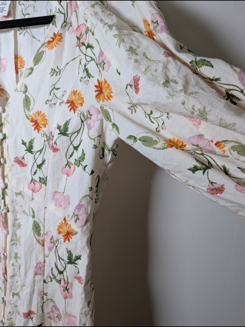 H&M Floral Cotton Midi Dress XS Puff Sleeve Cottagecore Button Front White - Picture 6 of 12